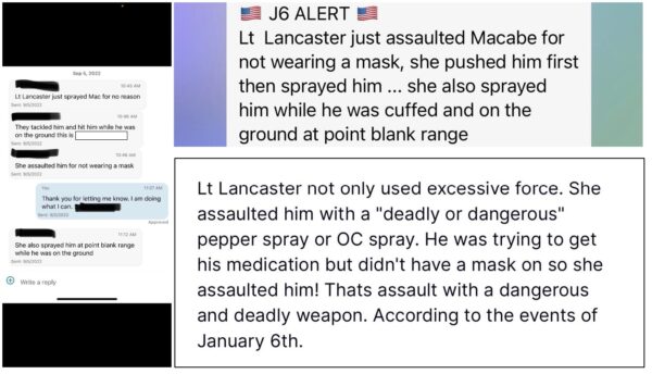 Screenshot of text messages sent out by three January 6 prisoners as events unfolded at the jail in Washington D.C. during an alleged assault, initiated by Lieutenant Crystal Lancaster. 