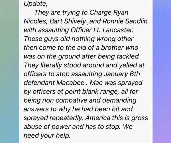 Screenshot of text message sent out by a January 6 prisoner at the jail in Washington D.C. during an alleged assault by Lieutenant Lancaster.