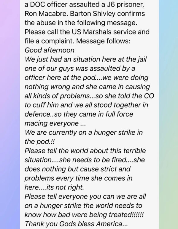 Screenshot of text message sent out by a January 6 prisoner at the jail in Washington D.C. during an alleged assault by Lieutenant Lancaster. 