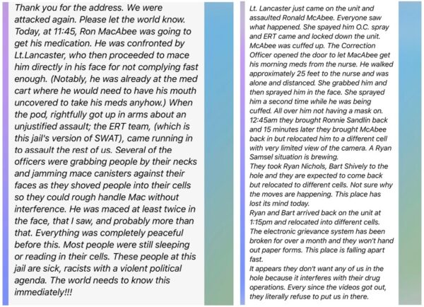 Screenshot of assembled text messages sent out by three January 6 prisoners as events unfolded at the jail in Washington D.C. during an alleged assault, initiated by Lieutenant Crystal Lancaster. 
