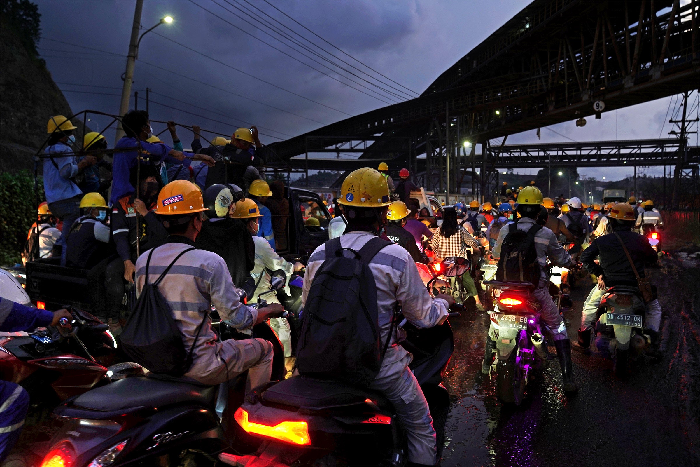 Vehicles in traffic during the evening rush hour near Indonesia Morowali Industrial Park